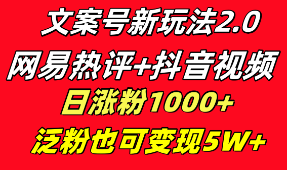 （8484期）创意文案号新模式 网易热评 抖音视频文案 一天增粉1000  多种多样变现方式 泛粉也可变现-9527素材资源站