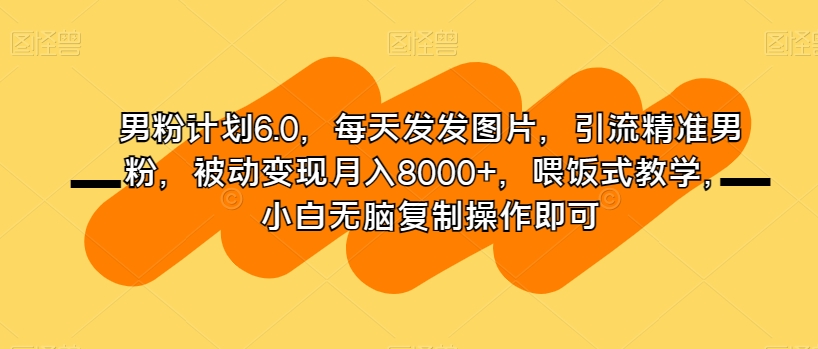 男粉计划6.0，每天发发图片，引流精准男粉，被动变现月入8000+，喂饭式教学，小白无脑复制操作即可-暖阳网-优质付费教程和创业项目大全-9527素材资源站